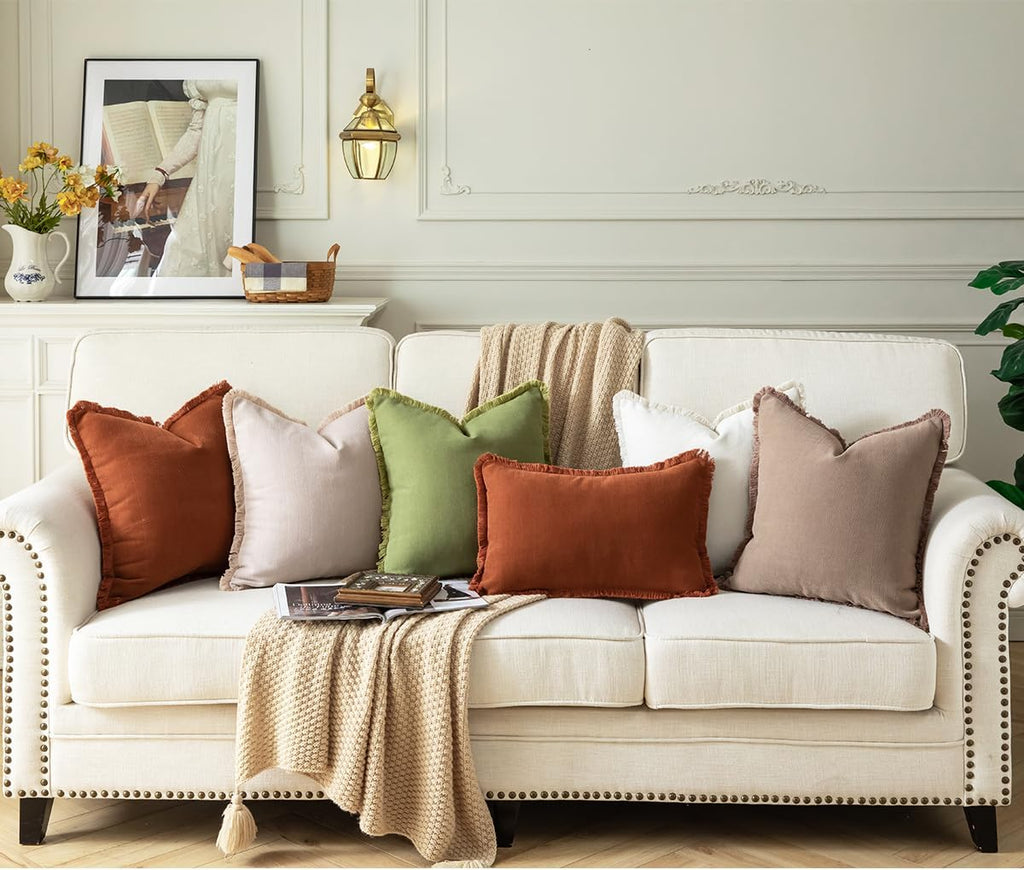 Set of 2 Decorative Fringe Throw Pillow Covers Chenille Pillow Covers Elegant Design Pillowcase Soft Tassels Cushion Cover for Couch Bed Home Decor,12×20 Inch,Rust