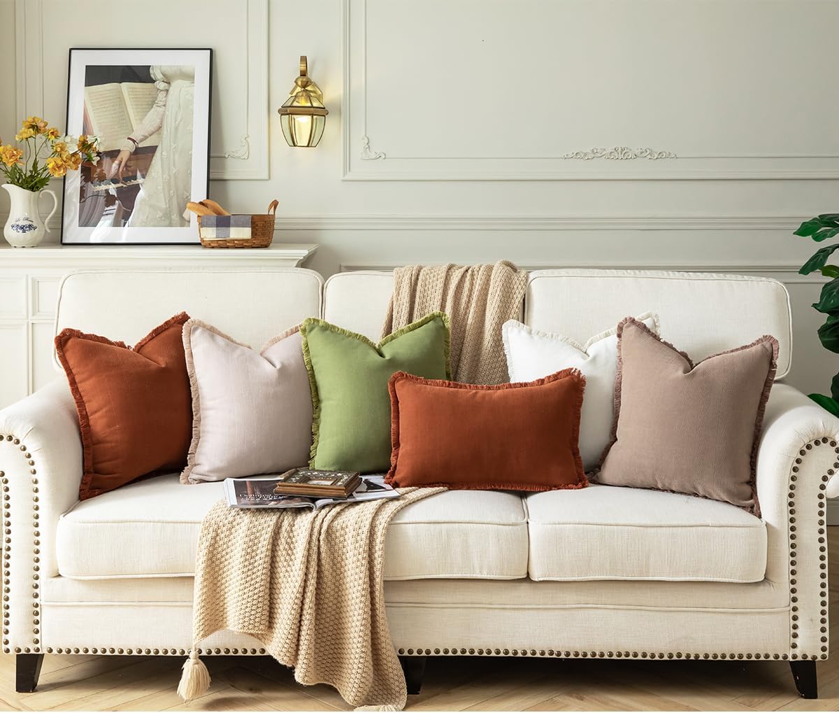 Set of 2 Decorative Fringe Throw Pillow Covers Chenille Pillow Covers Elegant Design Pillowcase Soft Tassels Cushion Cover for Couch Bed Home Decor,22×22 Inch,Khaki