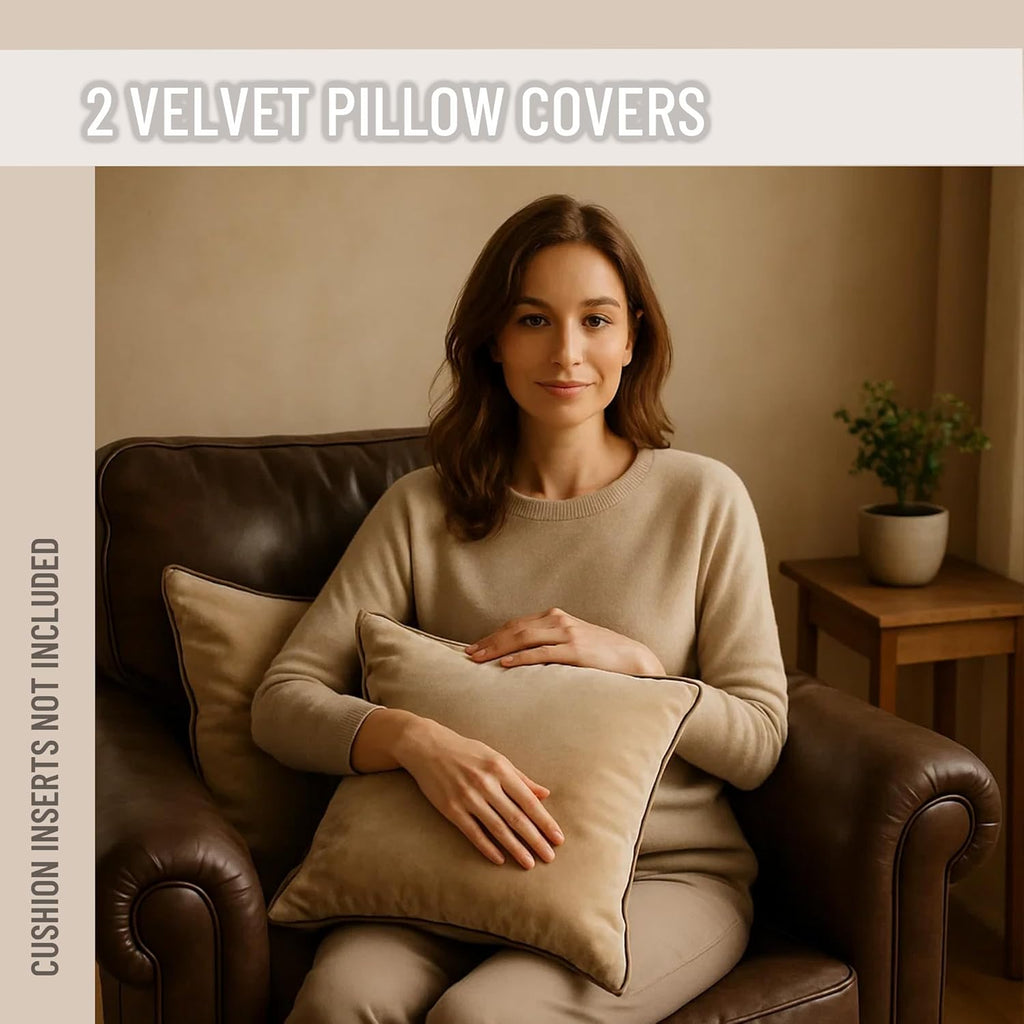 2 Pack Velvet Decorative Throw Pillow Covers, 18"x18", Beige and Brown, Solid, Modern, Contrast Piping, Indoor Use, Bedroom & Living Room