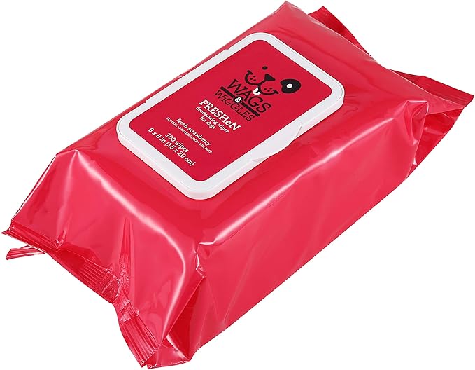 Wags & Wiggles Freshen Deodorizing Wipes for Dogs, Fresh Strawberry Scent - Dog Wipes Eliminate Odors - Easy and Convenient Way to Freshen Your Pet Without A Bath, 100 Count