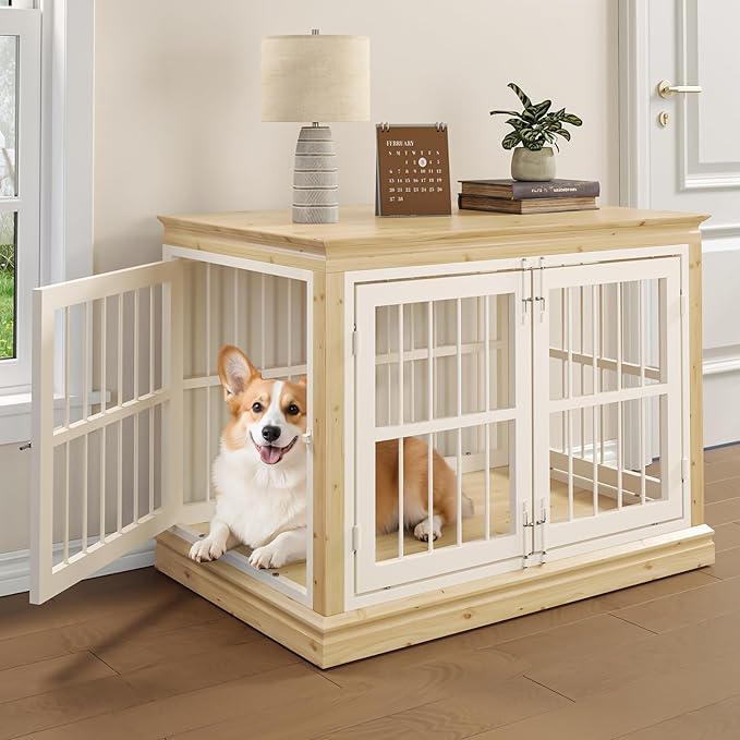38 in Solid Wood Dog Crate Furniture for Dogs-Large Dog Crate Sideboard and TV Stand, Small, Wood Dog Kennel-(White+Natural)