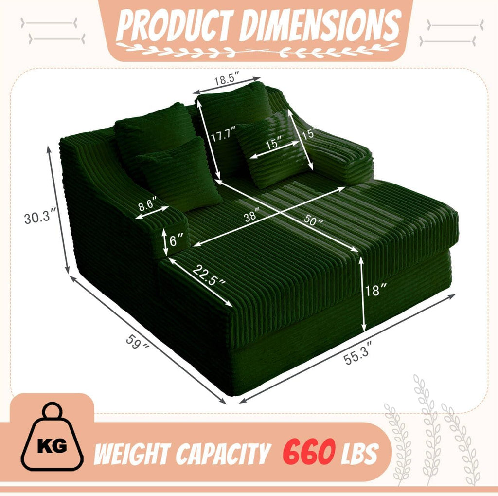 55 Inch Chaise Lounge Indoor - Oversized Chaise Lounge with 4 Throw Pillows and Armrets, Upholstered Plush Sofa Bed, Corduroy Lazy Chair Bed, Sleeper Chair for Living Room or Bedroom, Green