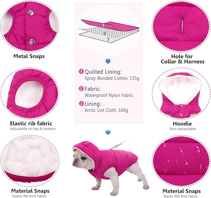 Fleece Hoodie, Windproof Waterproof Coat, Winter Warm Jacket, Cold Weather Pet Apparel Clothes Vest for Small Medium Large Dogs (S, Pink)