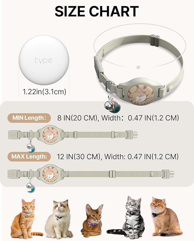 Cat Tracker Collar - Waterproof Airtag Cat Collar with Finder Tag (iOS ONLY), Compatible with Apple Find My, Breakaway Tractive Design with Reflective Pattern & Bell, Khaki(Not for Android Devices)