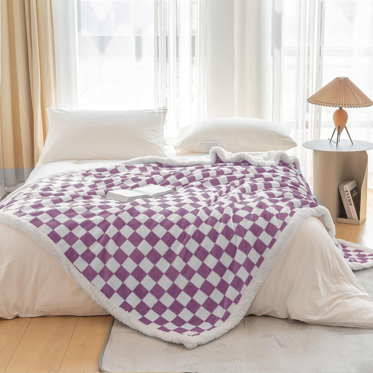 LOMAO Sherpa Throw Blanket Fleece Blanket with Checkered Pattern Soft Thick Blanket for Couch, Bed, Sofa Luxurious Warm and Cozy for All Seasons (Purple, 60"x80")