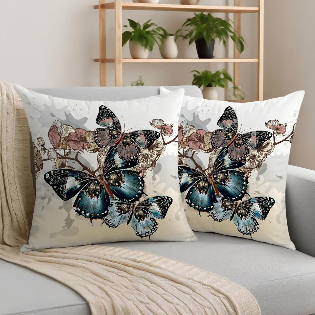 2 Pcs Throw Pillow Covers for Couch Butterflies Bed, Aesthetic Design Butterfly Linen Cotton Pillowcase Covers for Couch Sofa Bed Bedroom Apartment Dorm Living Room Office Home Decor