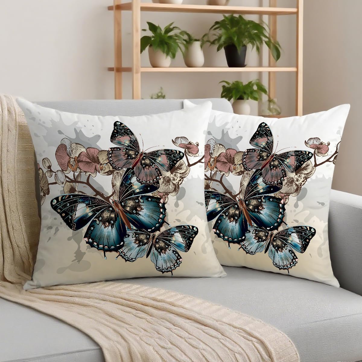 2 Pcs Throw Pillow Covers for Couch Butterflies Bed, Aesthetic Design Butterfly Linen Cotton Pillowcase Covers for Couch Sofa Bed Bedroom Apartment Dorm Living Room Office Home Decor
