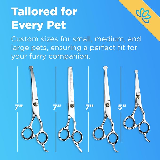 Equinox Dog Grooming Scissors & Deshedder - 7 in 1 Pet Grooming Scissors Set with undercoat brush - Curved Dog Scissors with safety tips - Includes Thinning & Rounded Shears - For dogs & cats