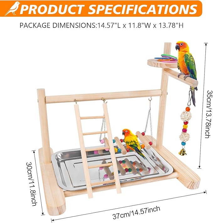 Bird Playground, Parrot Playstand Cockatiel Playground, Bird Play Stand with Feeder Cups, Swings, Ladder and Removable Tray, Parrot Perch Stand for Parakeet Conure Lovebird Budgie (2 Layers)