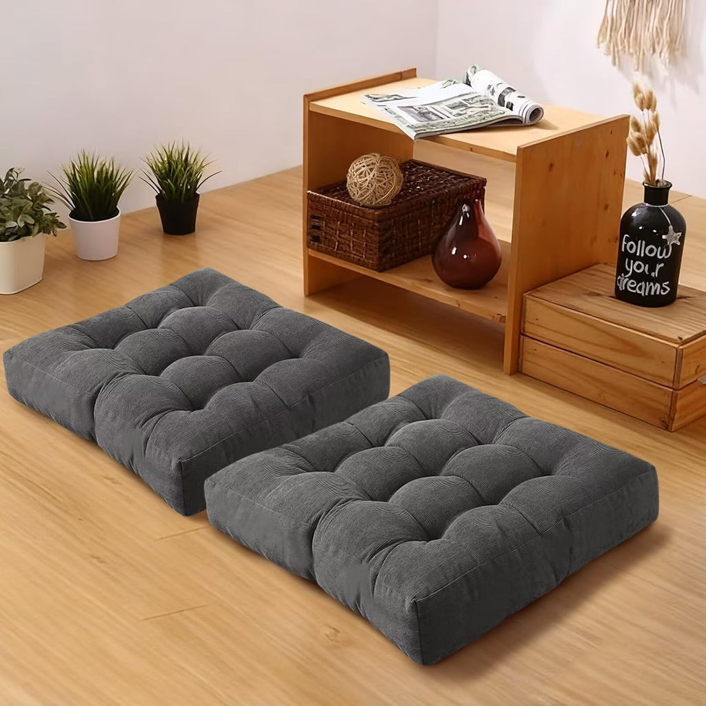 Meditation Floor Pillow Set of 2 Square Large Seat Pillows for Adults Tufted Corduroy Floor Cushion for Tatami Living Room Bedroom Dark Grey 22x22 Inch