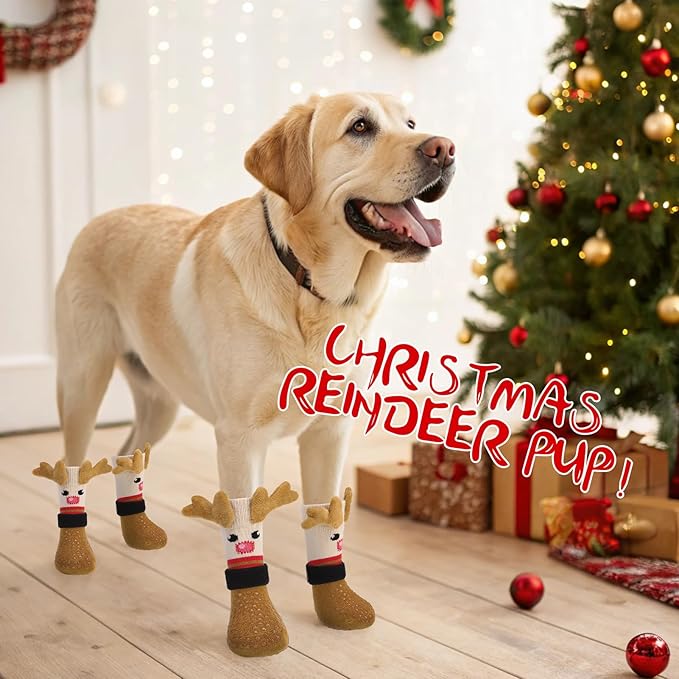 EXPAWLORER Christmas Anti Slip Dog Socks to Prevent Licking Paws, Boots & Paw Protectors with Grippers,Doggie Booties for Hardwood Floors for Small Medium Large Senior Dogs Lifelike Costume Reindeer S