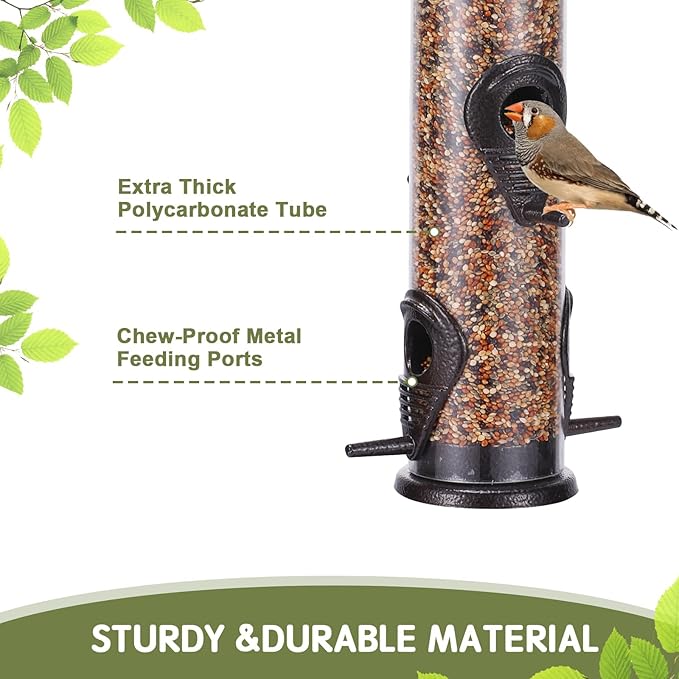 MIXXIDEA Metal Wild Bird Feeders, Squirrel Proof, Hanging 6 Port Tube Transparent Finch Feeders for Attracting Birds in Your Lawn, Garden, Balcony Coffee