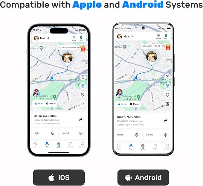 Dog GPS Tracker, Smart Waterproof Tracker with Real-Time Location, Escape Alerts, Activity Monitor, iOS & Android Compatible, for Dogs 40 lbs+ (Black)