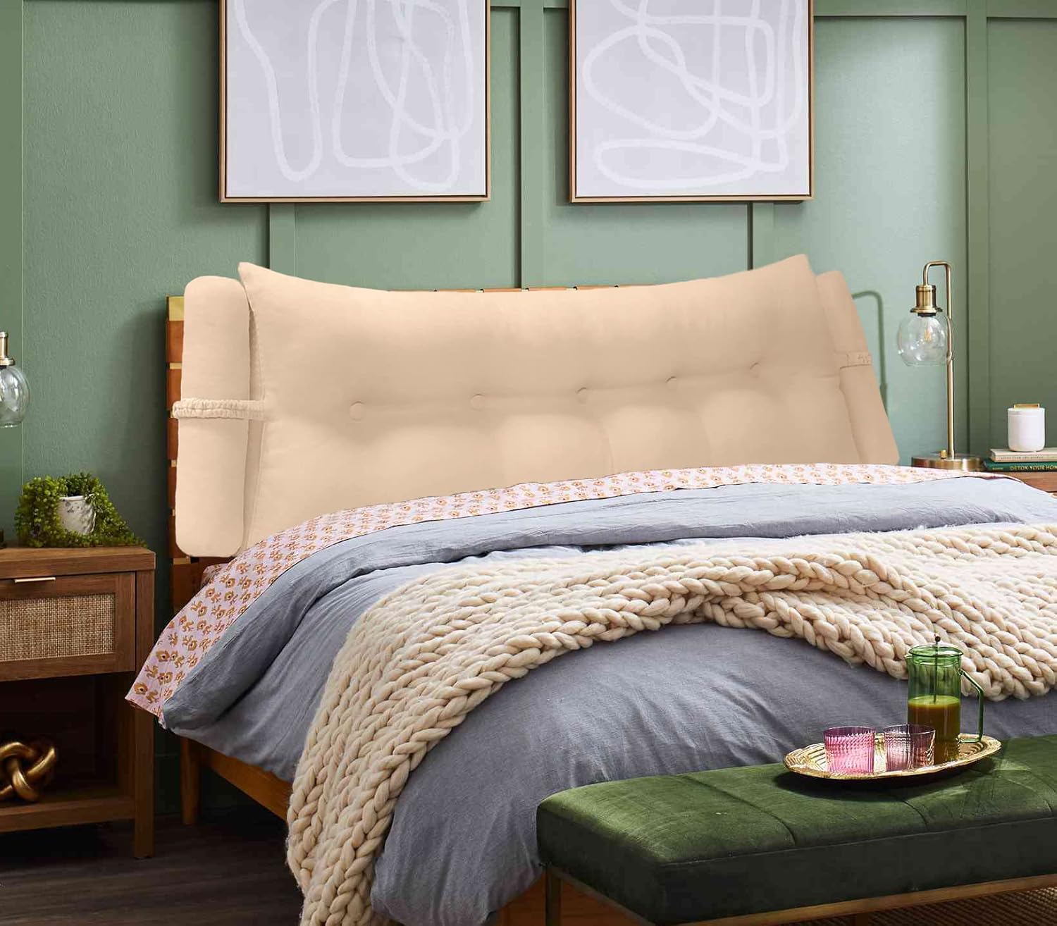 Triangular Reading Bedrest Pillow Large Bolster Cushion Headboard Backrest Wedge Pillow with Two Detachable Roll Pillows for Neck & Lumbar Support (Champagne, California King 71x8x20 inches)