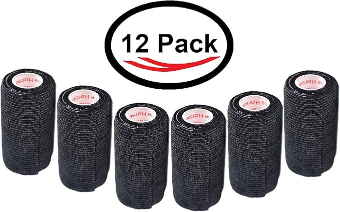 4 Inch Vet Wrap Tape Bulk (Black) (Pack of 12) Self Adhesive Adherent Adhering Flex Bandage Grip Roll for Dog Cat Pet Horse