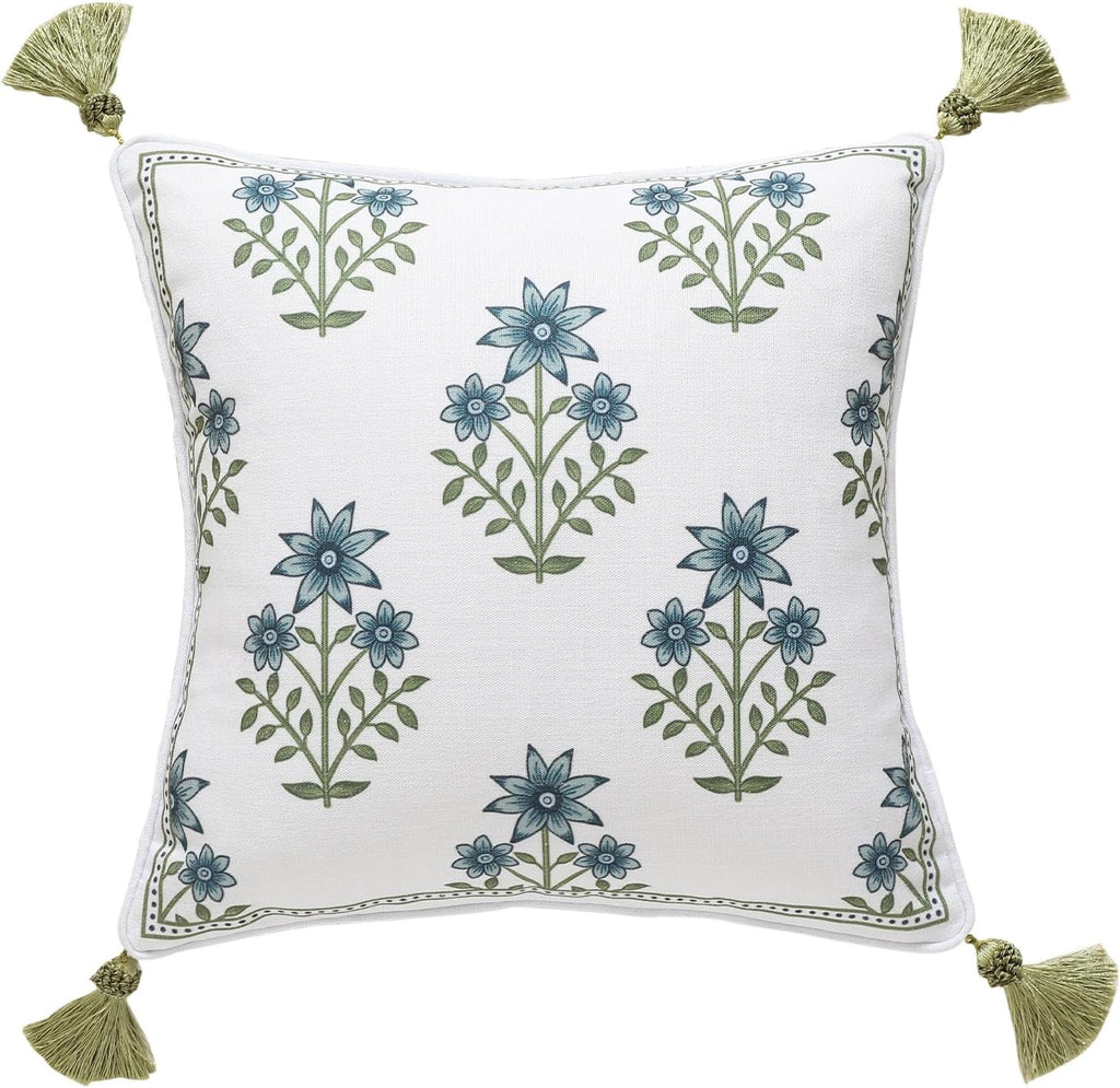 ISAENNE Design Fresh Linen Square Throw Pillow Covers 18"x18", French White Cottage Cushion Covers with Blue Floral Branches Pattern Decor Pillowcases for Bed,Living Room,Outdoor,Car