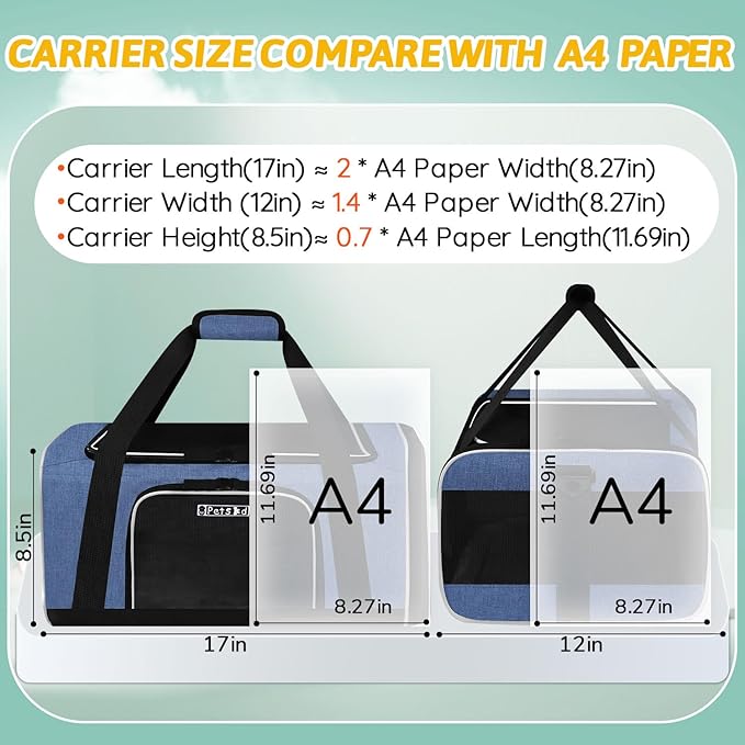 Petskd Pet Carrier 17x12x8.5 JetBlue Allegiant Airline Approved,Pet Travel Carrier Bag for Small Cats and Dogs, Soft Dog Carrier for 1-8 LBS Pets,Dog Cat Carrier with Safety Lock Zipper(Blue)