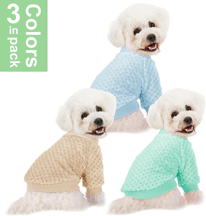 POMIU Dog Sweater, Dog Sweaters for Small Medium Dogs or Cat, Warm Soft Flannel Pet Clothes for Dogs Girl or Boy, Dog Shirt Coat Jacket (Ice Blue+Light Coffee+Teal, Medium)