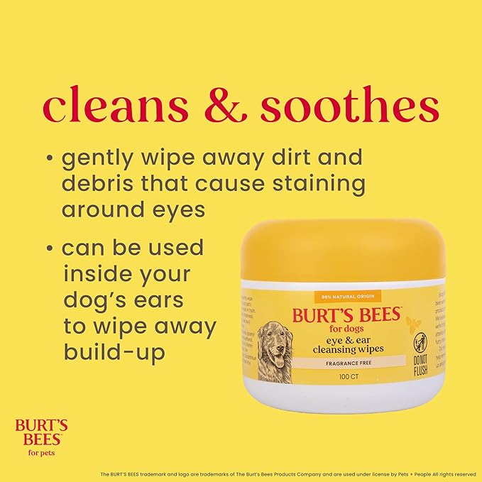 Burt's Bees for Pets Eye & Ear Cleansing Wipes for Dogs, Fragrance-Free, 98% Natural Origin Formulas, Gentle Spot Cleaning Sheets for Dog Eyes and Ears, 100 Count