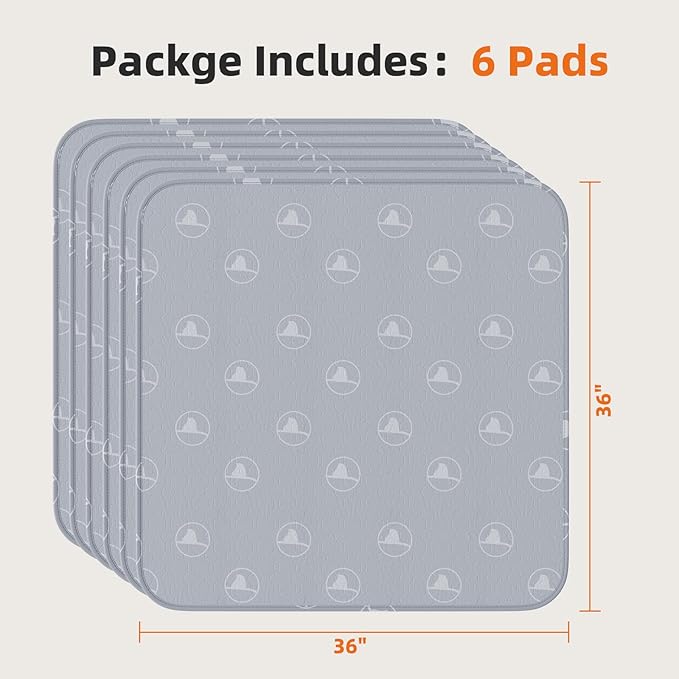 PJYuCien Washable Pee Pads for Dogs 6 Pack, 36" x 36" Reusable Pee Pads for Dogs, Leak-Proof Pet Training Pads, Puppy Pads for Non-Slip, Designed for Dog Pen, Whelping Pad, Potty Training (Grey)