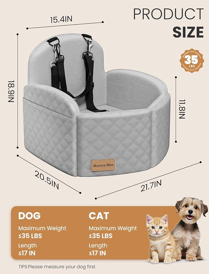 (Up to 35lbs Small/Medium Dog Car Seat Booster Dog Seat for Car Portable with Adjustable Seatbelts Pet Travel Car Bed Seat for SUV, Truck, with Memory Foam Cushion (Grey)