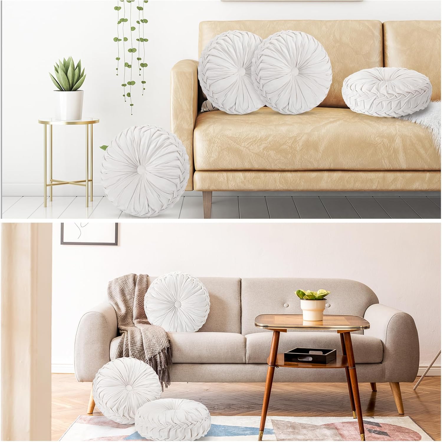 4 Pcs Round Throw Pillows 15 Inch Decorative Velvet Pleated Pumpkin Floor Boho Pillows for Living Room Couch Chair Bed Sofa (White)