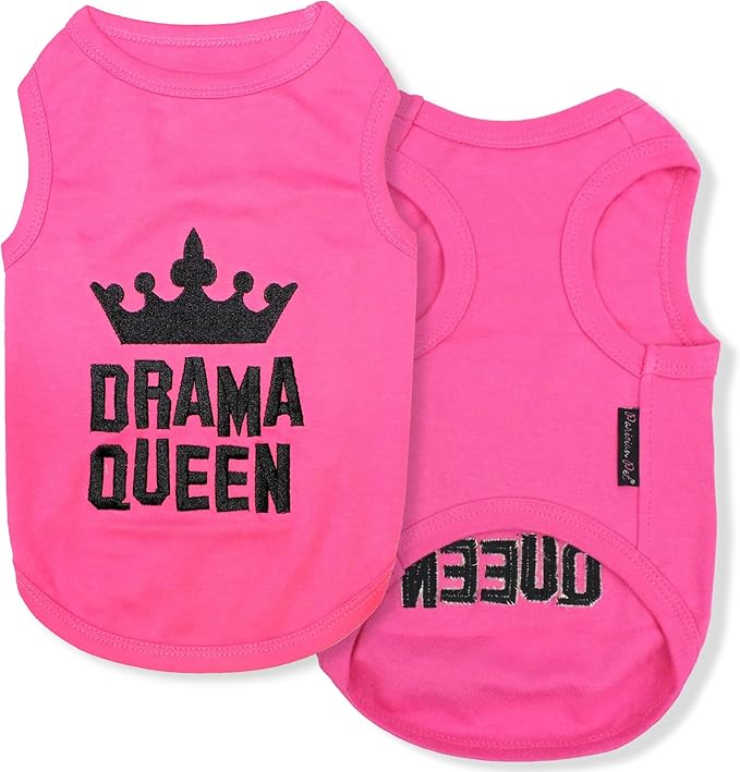 Parisian Pet Dog Tshirt - Embroidered “ Drama Queen “ Tank Top - Breathable and Lightweight Dog Clothes - Sleeveless Pink Tee Shirts - Machine Washable Shirts for Small Dogs Girl - XXS