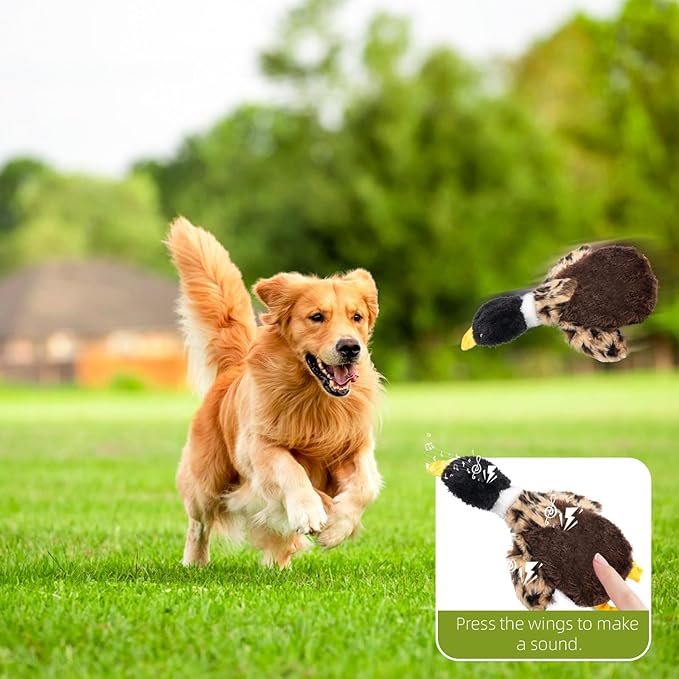 Duck Dog Squeaky Toy for Aggressive Chewers - No Stuffing Durable Plush with 4 Squeakers & Crinkle Wings, Chew Proof Puppy Toys for Small Medium Large Dogs (Black & Brown)