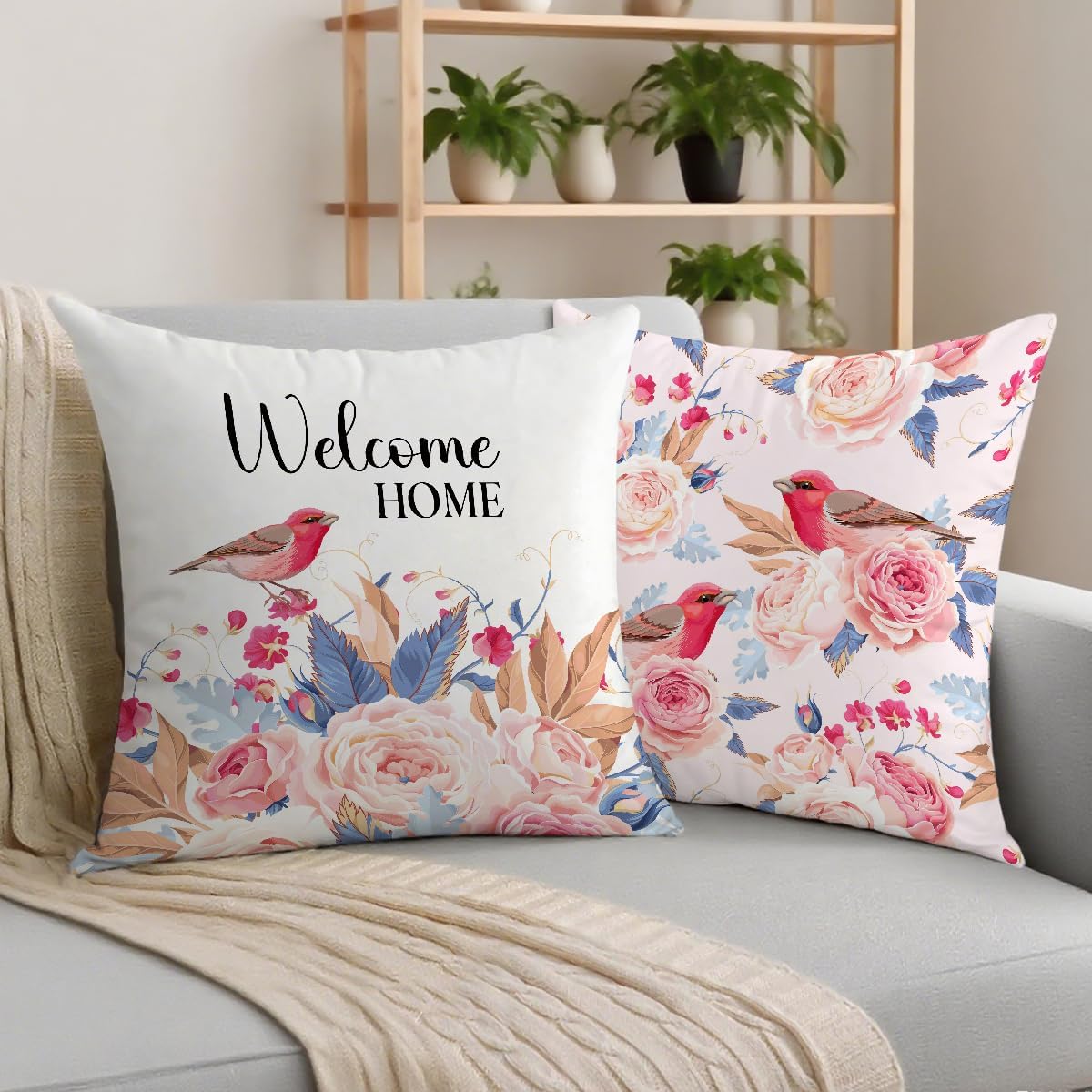 2 Pcs Pink Rose Bird Decorative Throw Pillow Cover, Vintage Natural Flower Bouquet Art Design Square Pillowcases for Couch Sofa Bed Bedroom Apartment Dorm Living Room Office Home Decor