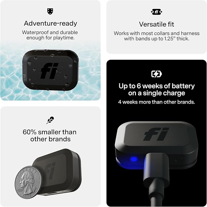 Fi Mini GPS Tracker for Dogs & Cats – Lightweight, Virtual Fences, Escape Alerts, Step & Health Tracking, Waterproof – 12-Month Membership Included