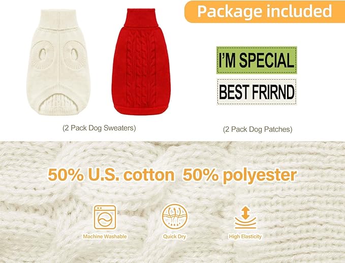 2 Pack Dog Sweaters for Small Dogs - Puppy Medium/Large Warm Clothes in Winter, Turtleneck Pullover Design for Boy Girl Pet, Doggie, Cat, Kitten Chihuahua Bulldog Pug Beagles (L, Red, Beige)