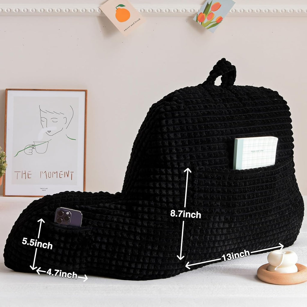 A Nice Night Reading Pillow Bed Wedge Large Adult Children Backrest with Arms Back Support for Sitting Up in Bed/Couch for Lounging Bedrest,Waffle Stereoscopic Design,Black