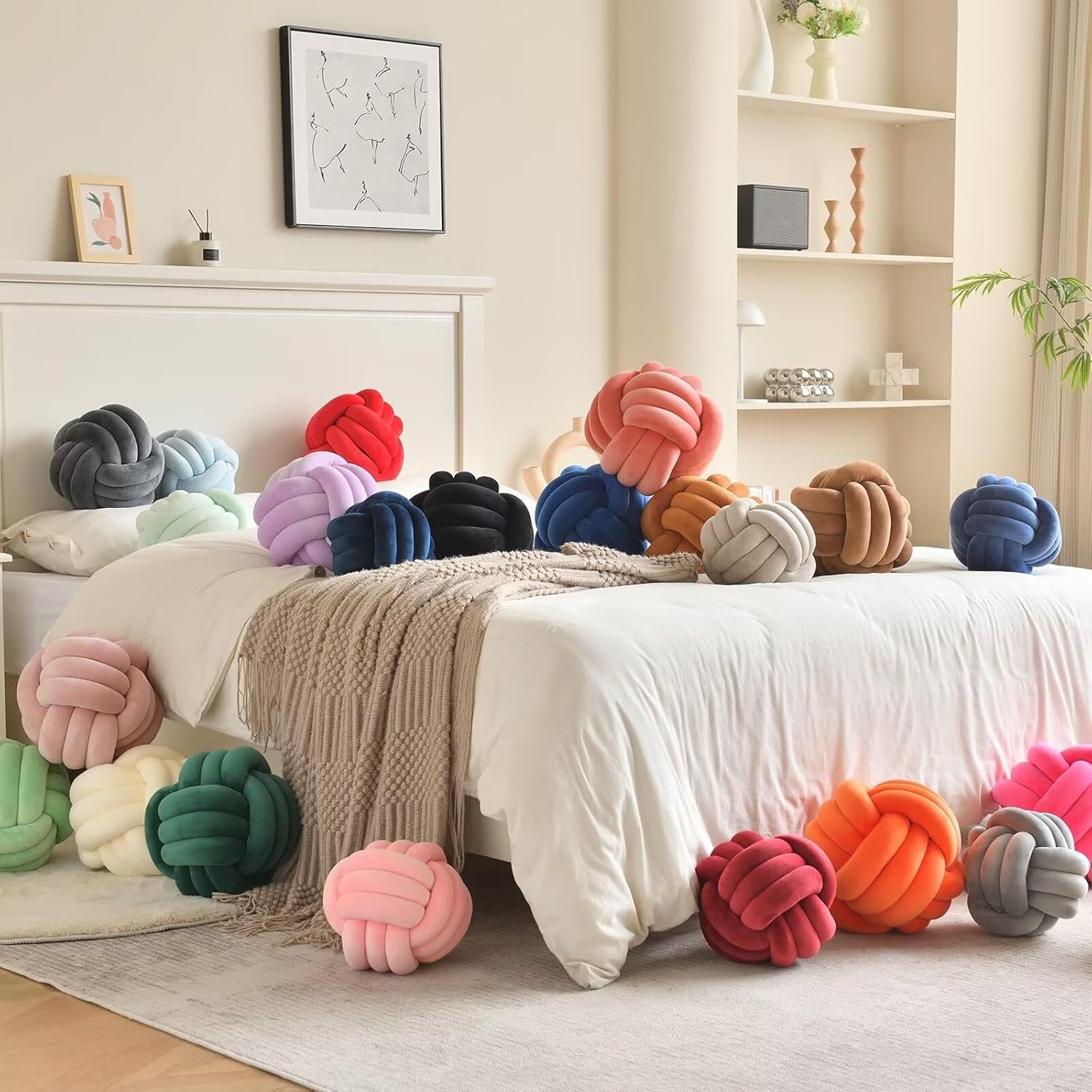 Decorative Throw Knot Pillow Ball for Home Chair Sofa Couch Bed Aesthetic Round Velvet Knotted Pillow Cushion (Yellow, 11 inches)