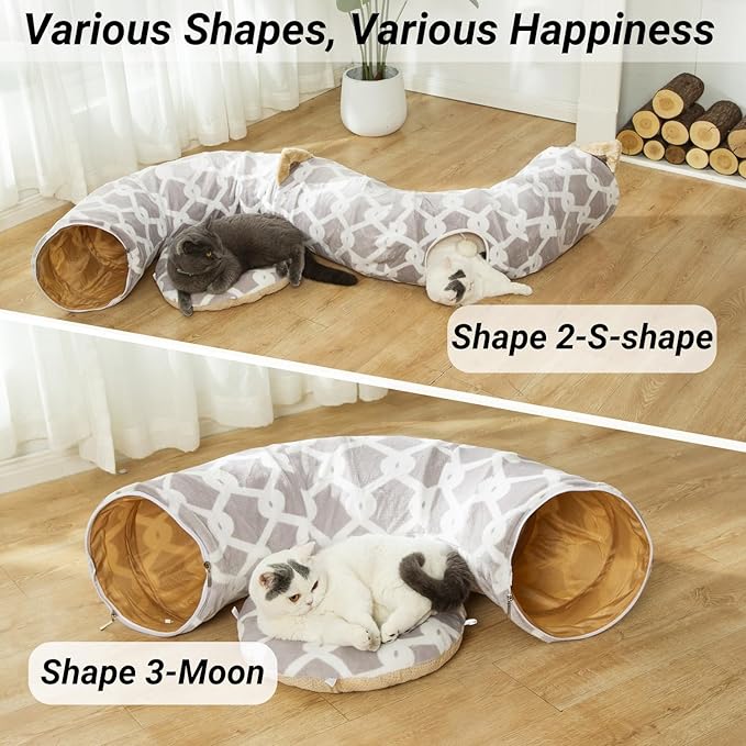 LUCKITTY Large Cat Tunnel Bed Under Christmas Tree with Fluffy Toy Balls, Small Cushion and Flexible Design- 10 inch Diameter, 3 ft Length- Great for Cats, and Small Dogs, Gray Geometric Figure