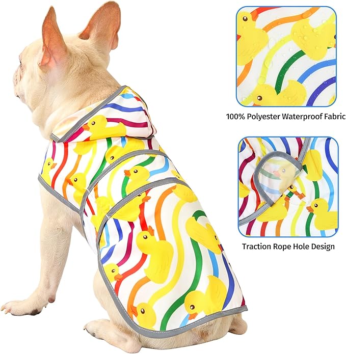 Dog Raincoat for Medium Dogs Waterproof Hooded Rain Jacket with Reflective Strips Leash Hole & Poncho Adjustable Fit (Rainbow,M)