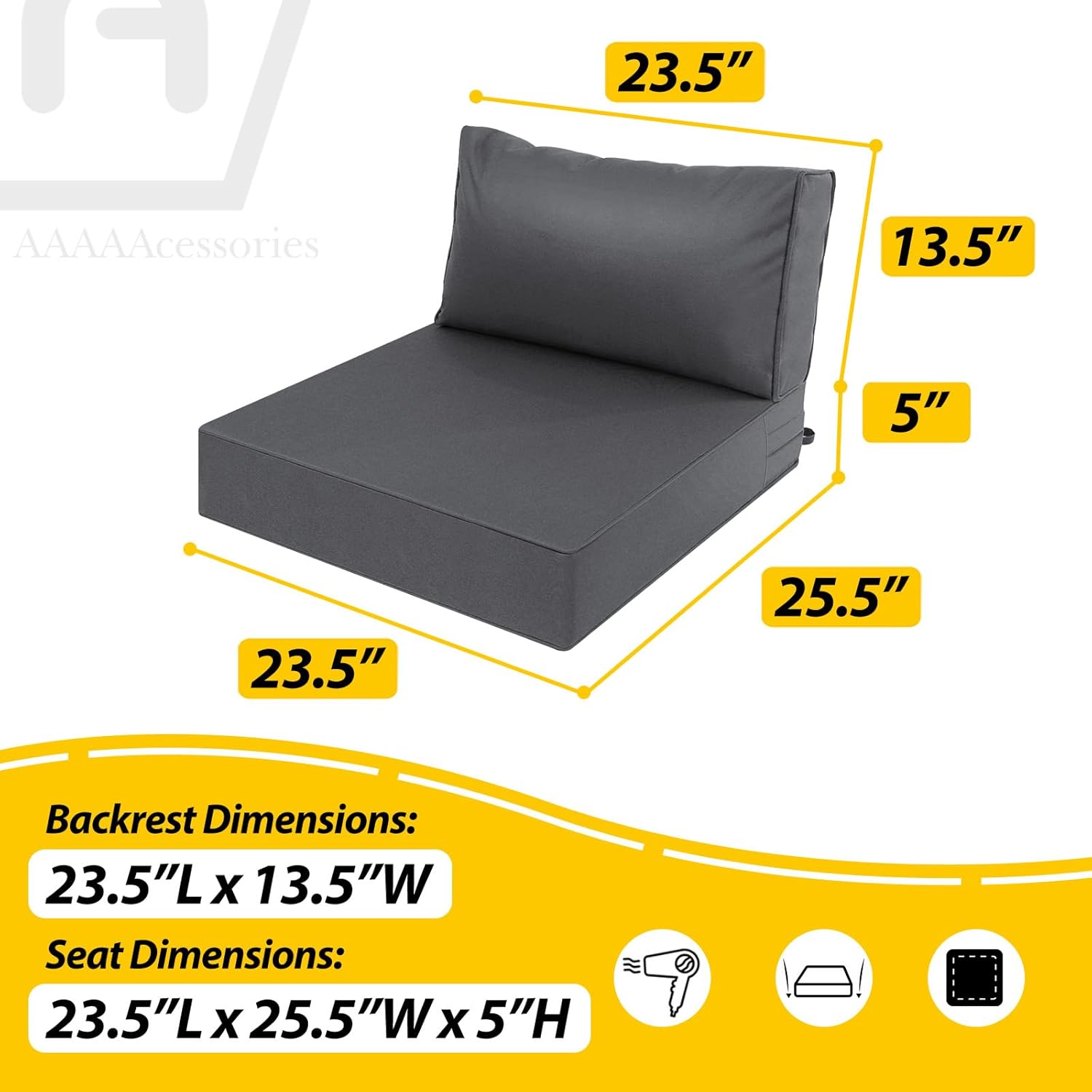AAAAAcessories Outdoor Deep Seat Cushions, Waterproof, Fade-Resistant Patio Furniture Replacement Cushions, 23.5" x 25.5" x 5" + 23.5" x 13.5", Dark Gray