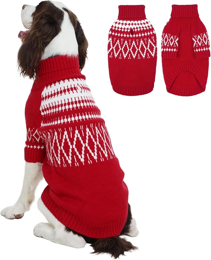 FUAMEY Comfortable Dog Sweaters XXL, Warm Doggy Sweater Christmas, Fleece Dogs Pullover with Leash Hole, Soft Pet Winter Clothes Turtleneck Shirt, Holiday Outfits for Large Breeds (Red, 2XL)