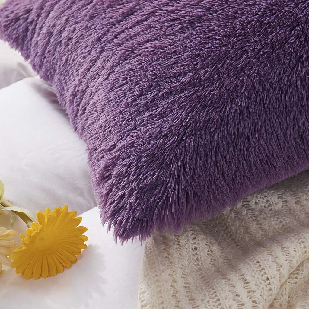 Uhamho Set of 2 Faux Fur Throw Pillow Covers Soft Velvet Decorative Pillowcases Zipper Closure (Purple, 20"x36")