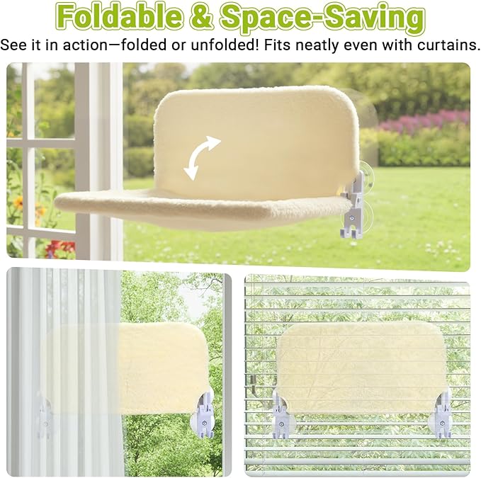 Cordless Cat Window Perch, Foldable Cats Hammock Window Bed with Metal Frame, Soft Cover, Large Suction Cups, Indoor Kitten Window Resting Seat for Spring/Fall, Creamy
