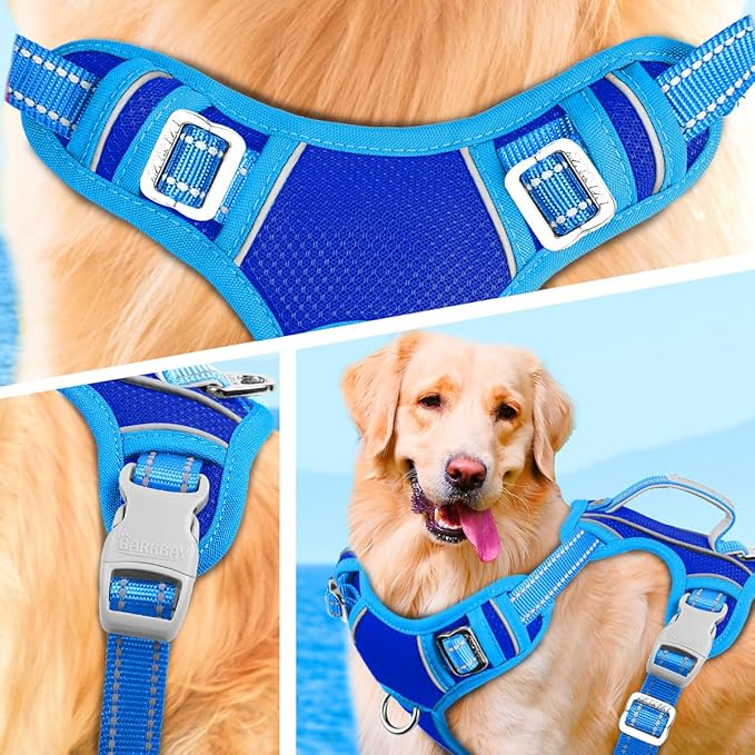 BARKBAY No Pull Dog Harness Large Reflective Dog Harness with Front Clip and Easy Control Handle for Walking Training Running with ID tag Pocket(Sapphire Blue & Blue,M)
