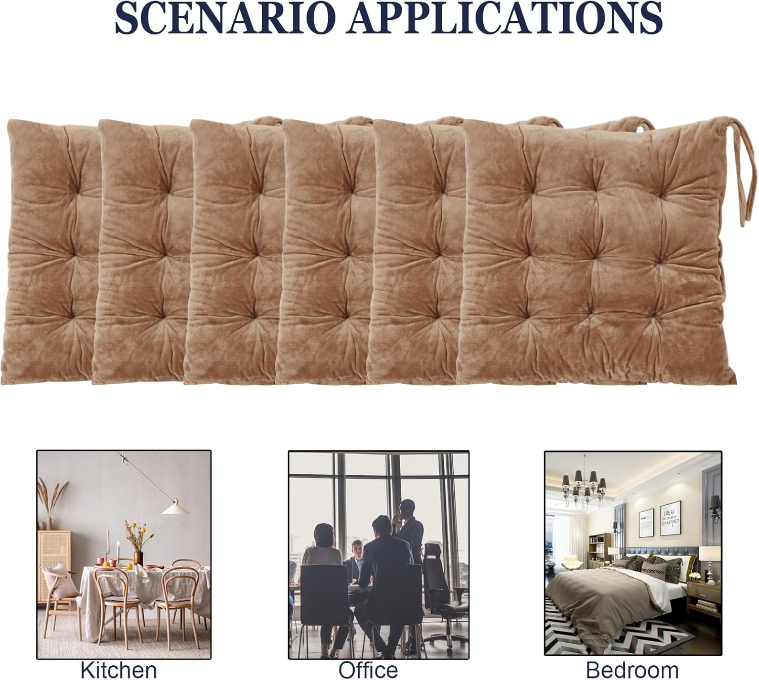6 Pack Square Seat Cushion Chair Pads for Kitchen Dining Chairs, Soft Comfort Velvet Chair Mat Pillow Cushions with Ties for Office Desk Living Room Tatami 15.5", Khaki
