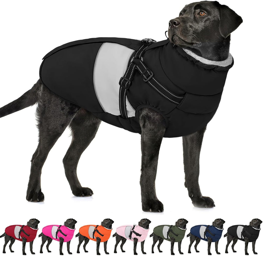 AOFITEE Dog Coat, Large Dog Jacket, Dogs Coat with Harness Built in, Reflective Waterproof Dogs Jackets Winter with Furry Collar, Warm Polar Fleece Pet Sweater Snowsuit for Doberman, Great Dane, XXL