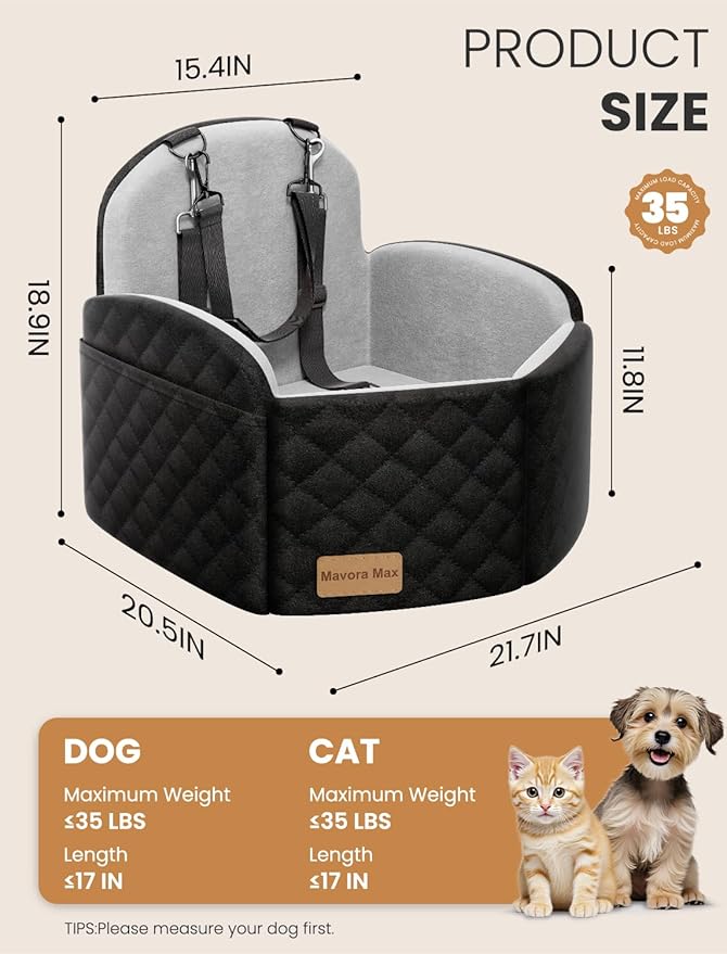 (Up to 35lbs Small/Medium Dog Car Seat Booster Dog Seat for Car Portable with Adjustable Seatbelts Pet Travel Car Bed Seat for SUV, Truck, with Memory Foam Cushion (Black/Grey)