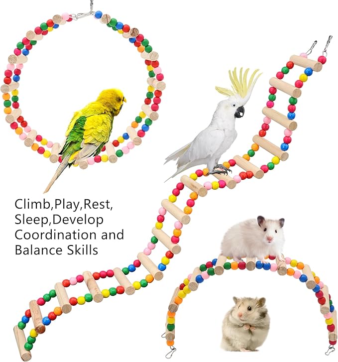 15-Step Bird Ladder Bridge,28.74 x 3.15 inch Raw Wood and Edible Dye,2 Pieces Pet Hamster Climbing Ladder Swing Toys Suitable for Small to Medium Birds,Bird Cage Accessories (15 Ladders -2pcs)