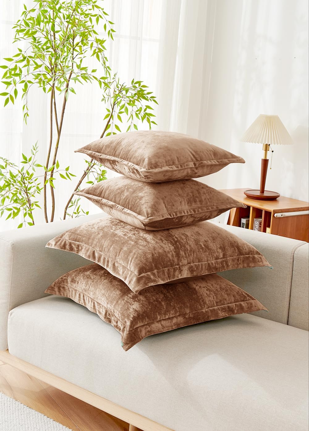 Luxurious Velvet Throw Pillow Covers 20x20 Set of 2 Decorative Pillow Covers Solid Square Cushion Case for Sofa Couch Bedroom Farmhouse, Caramel