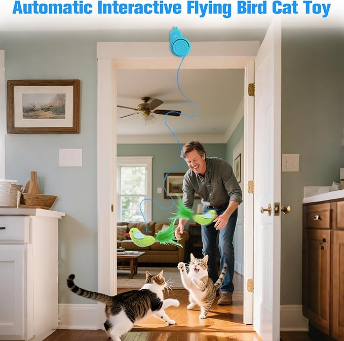 Interactive Cat Toys for Indoor Cats Automatic Electric Flying Bird Feather Cat Toy - Best Kitten & Adult Cat Enrichment Toy Stick-on Hanging Electric Kitty Toys for Bored Cats