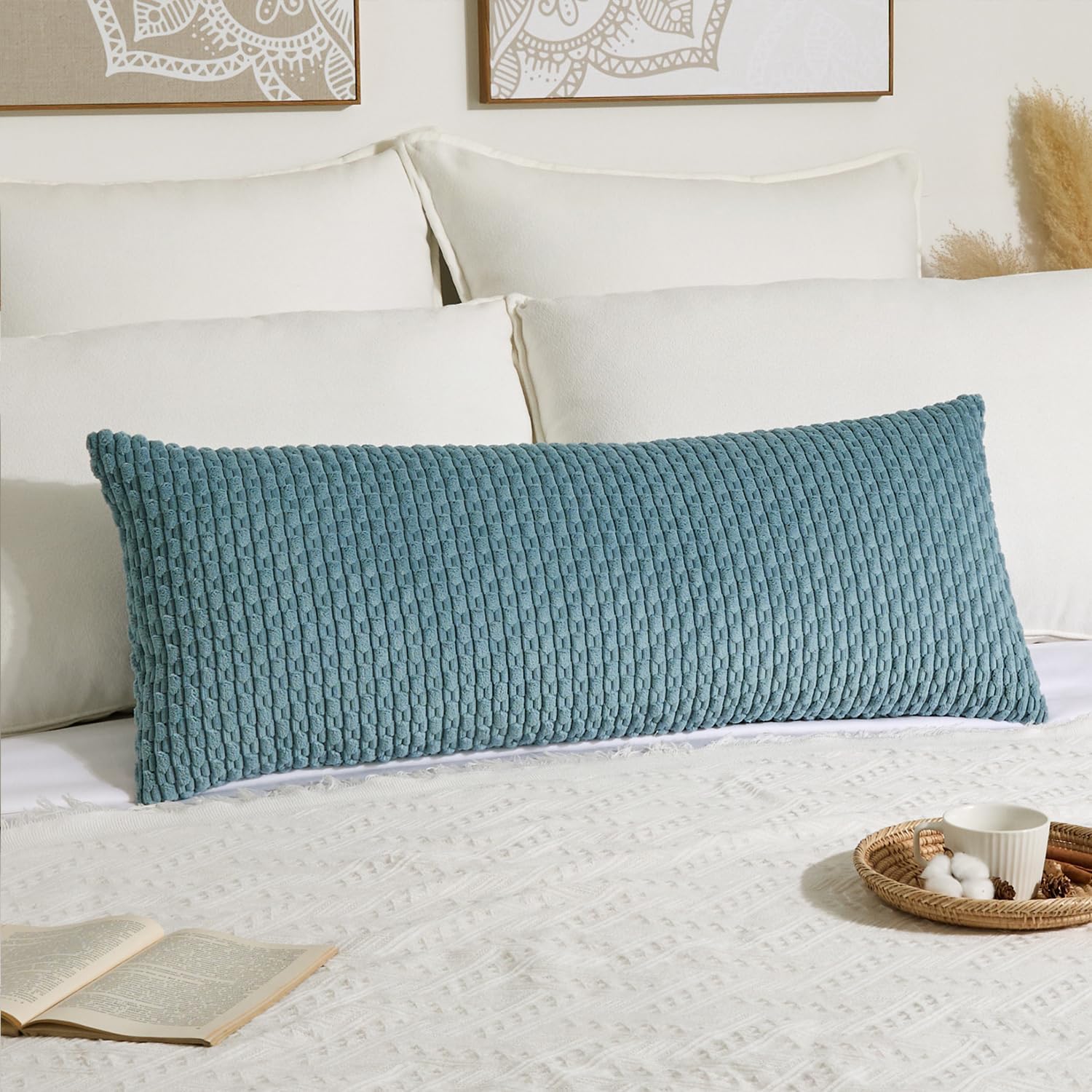 Kevin Textile 20x54 Inch Long Body Lumbar 1 Pack Boho Decorative Throw Pillow Cover Soft Striped Corduroy Rectangle Cushion Case Farmhouse Accent for Living Room Couch Sofa Bed, Blue Grey