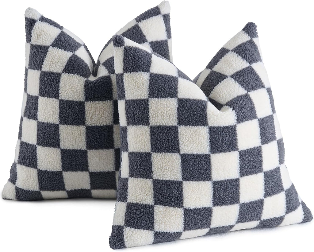 AmHoo Pack of 2 Decorative Throw Pillow Covers Checkerboard Luxury Super Soft Faux Fur Wool Set Case Cushion for Couch Sofa Bedroom 18 x 18-Inch Gray