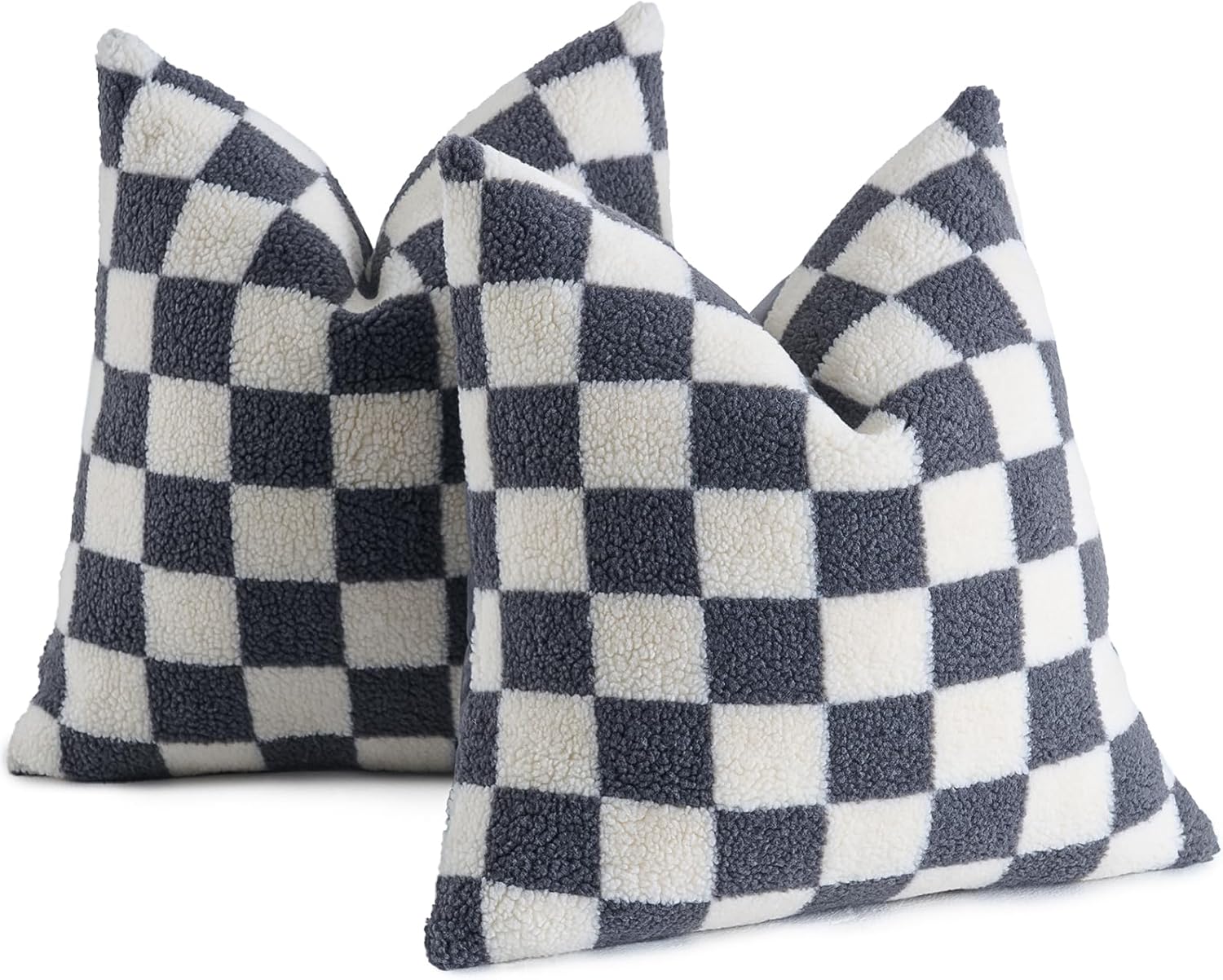 AmHoo Pack of 2 Decorative Throw Pillow Covers Checkerboard Luxury Super Soft Faux Fur Wool Set Case Cushion for Couch Sofa Bedroom 20 x 20-Inch Gray