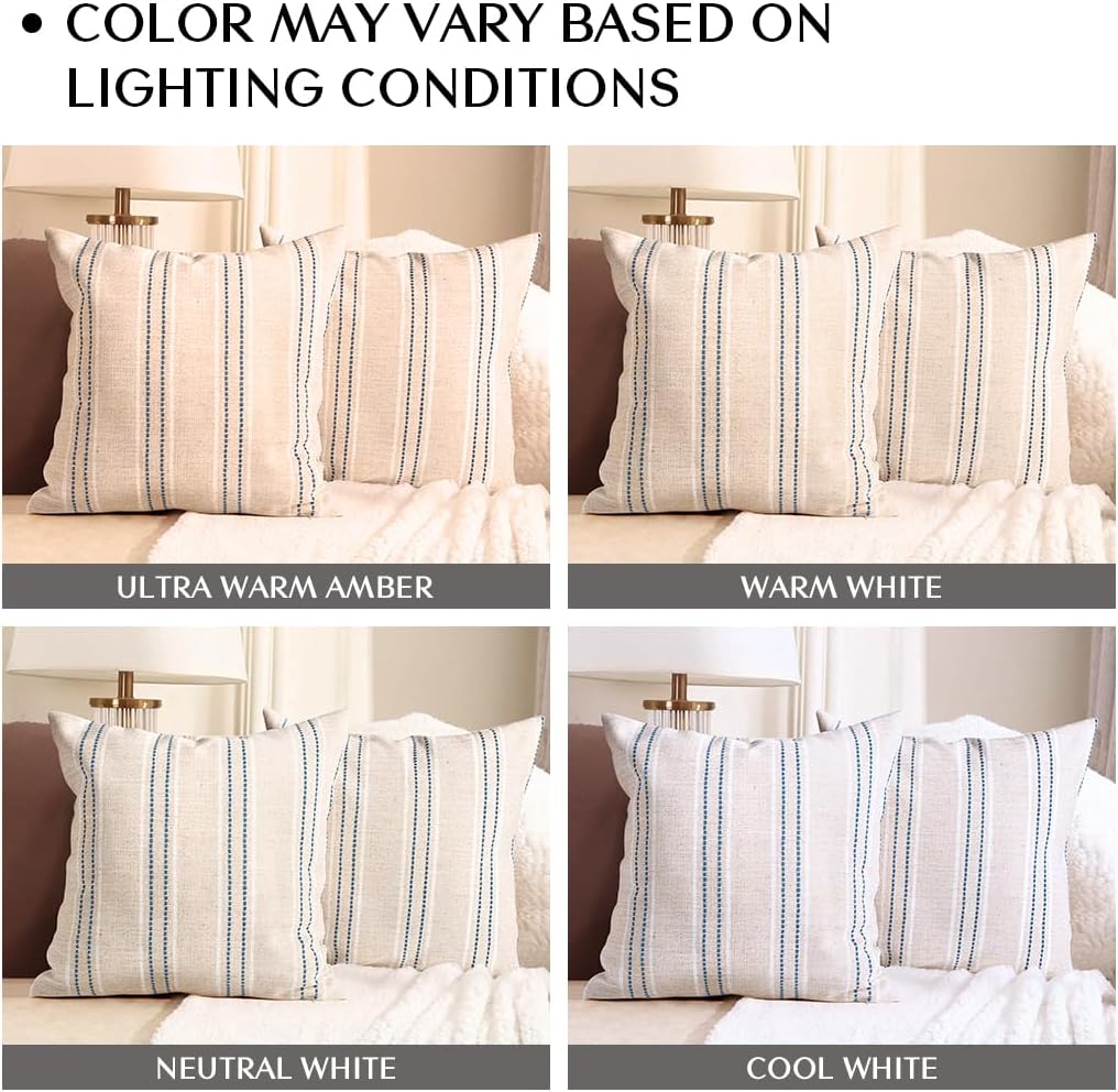 AELS 22x22 Decorative Farmhouse Linen Throw Pillow Covers, Boho Textured Pillow Case, Set of 2, Beige with White & Navy Blue Stitch Yarn Dyed Stripe Cushion Cover for Couch Living Room (Cover ONLY)